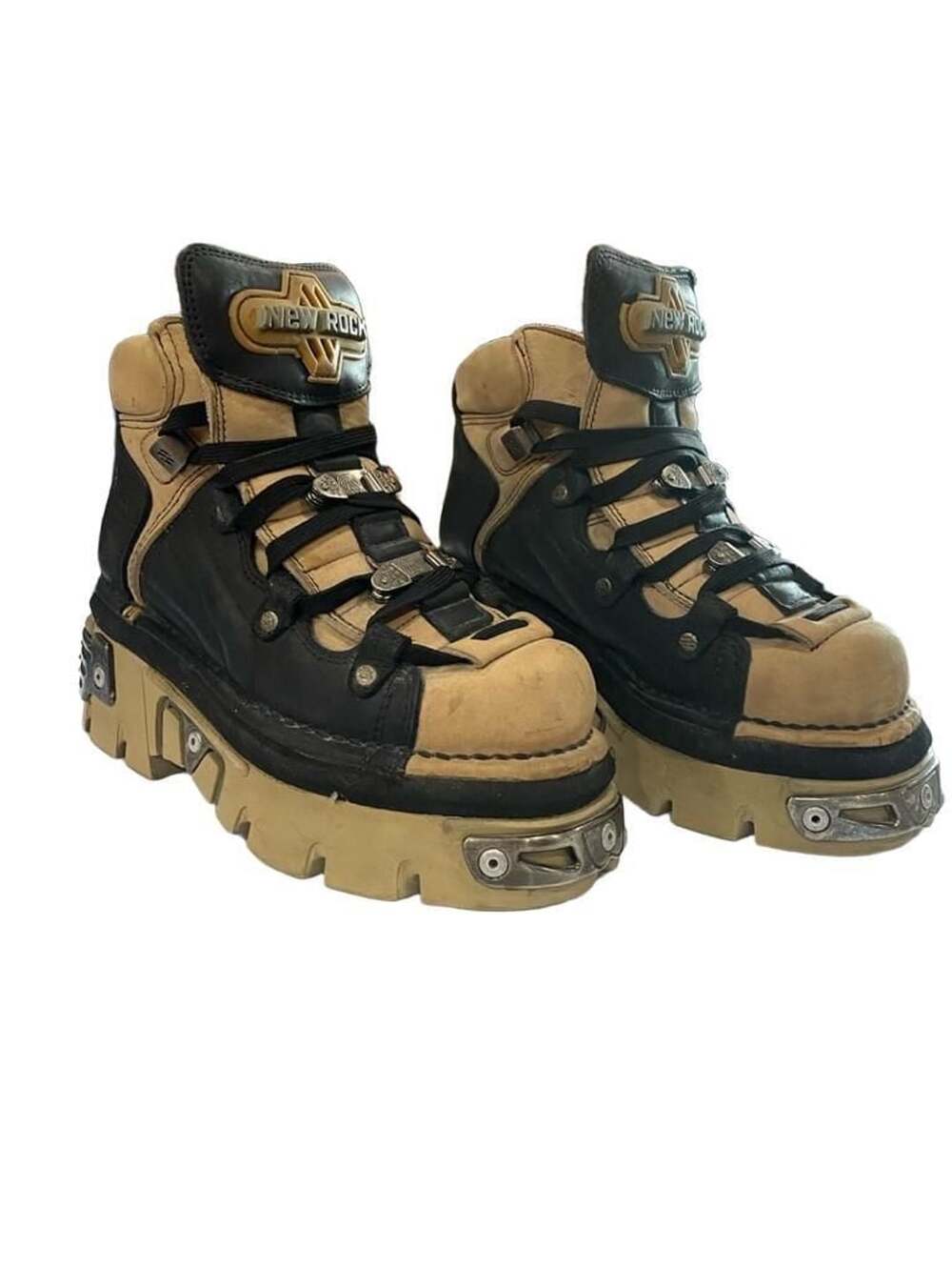 New Rock Reactor Platform Boots Black Beige Leather